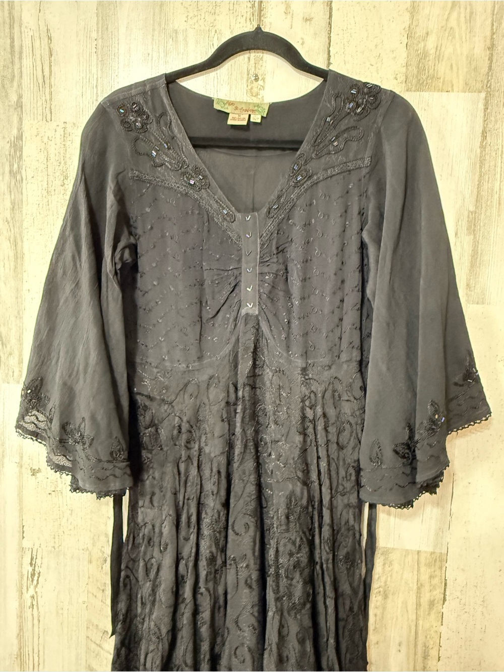 Butterfly Rayon Black Embroidered Maxi Dress Trumpet Sleeve - Picture 14 of 15